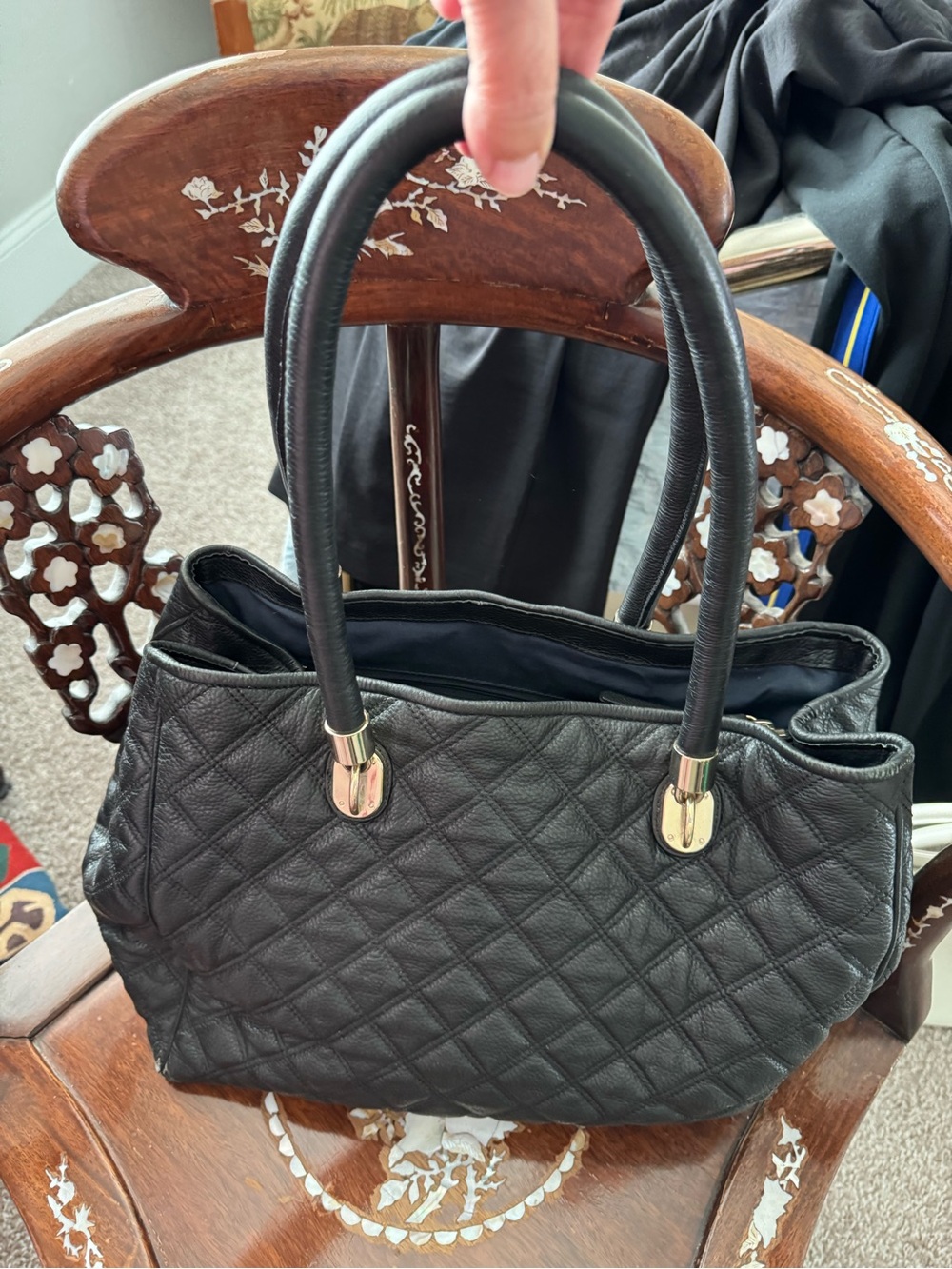 Cole Haan Quilted Black Leather Shoulder Bag with Gold Accents